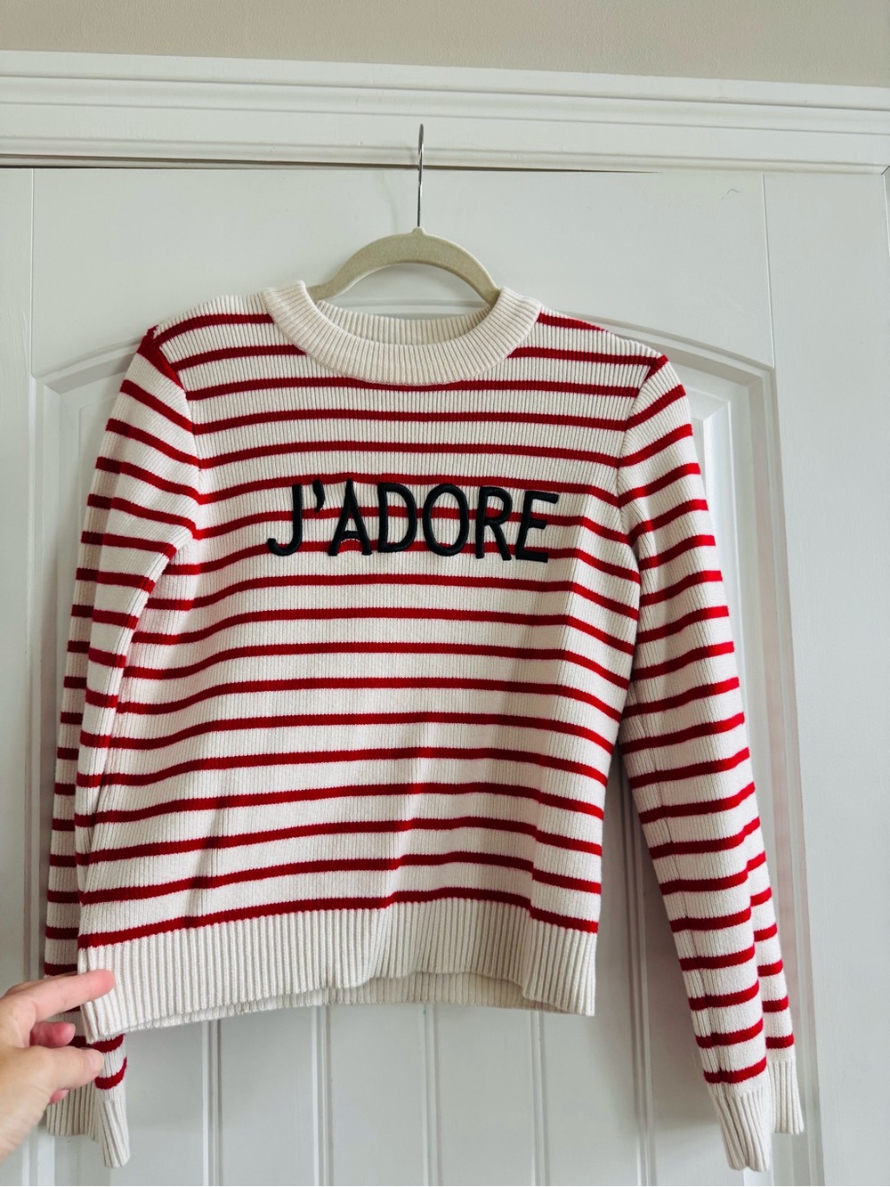 Vici Red & Cream Striped Crewneck Sweater with J'ADORE Script